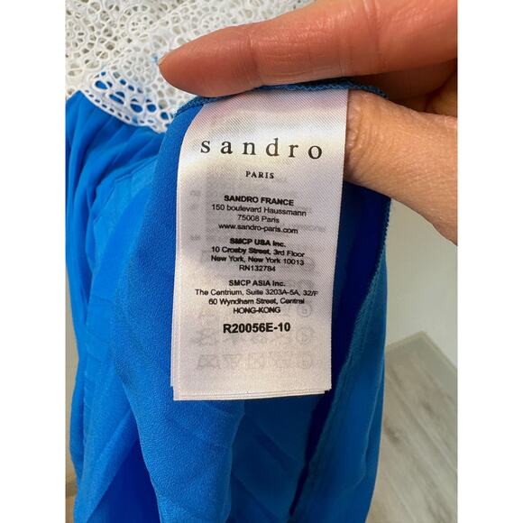 Sandro Paris Sz 6 US 36 FR Maca Eyelet Lace Pleated Skirt Midi Dress White Blue - Picture 5 of 12